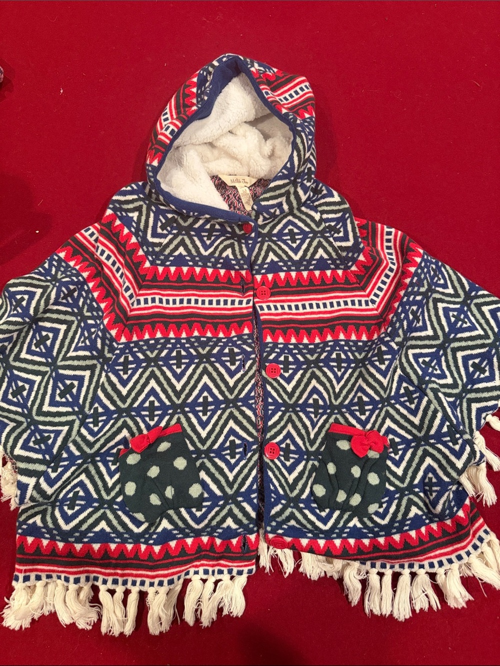 Girls' Red & Blue Patterned Hooded Poncho Coat - Matilda Jane